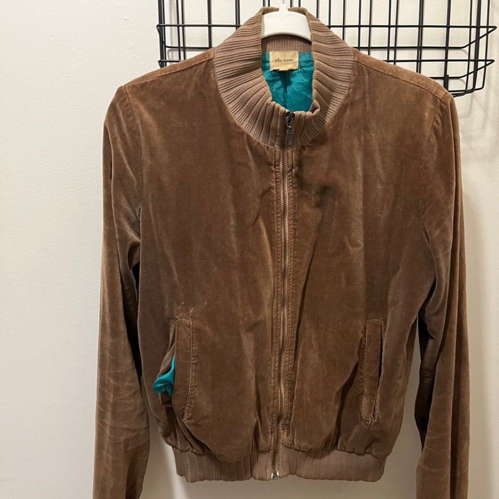 Ella Moss Womens Bomber Jacket, Brown Velvet Long Sleeves